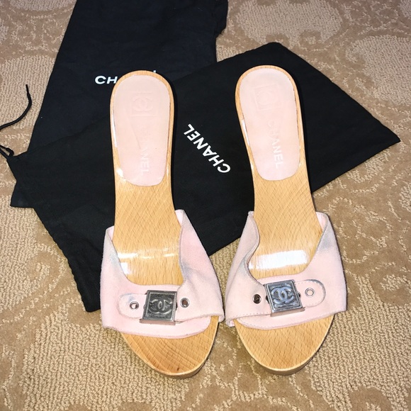 CHANEL Shoes - Chanel pink suede heels with wooden heel